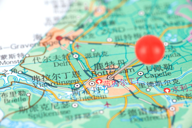 荷兰城市鹿特丹在地图上的位置标注