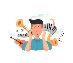 捂住耳朵害怕音乐的人手绘插画