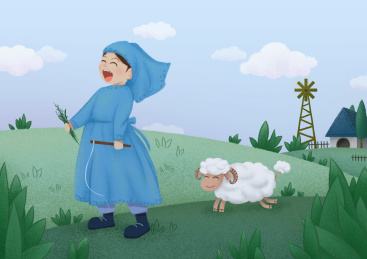 手绘牧场女孩与羊 草原