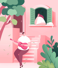 一个男孩坐在长椅上给趴在楼上窗口的女孩弹吉他唱歌