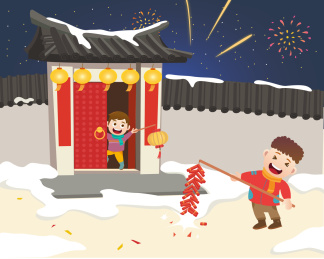 儿童过年放鞭炮庆祝