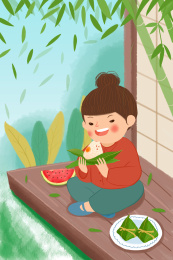 端午节吃粽子竹叶飘落院落
