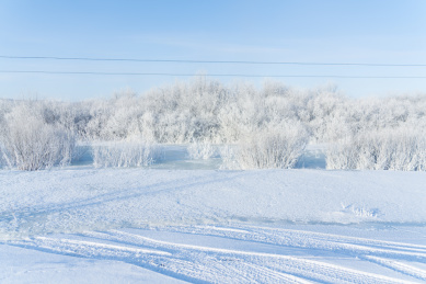 中国呼伦贝尔冬天雪后的雾凇和雪地