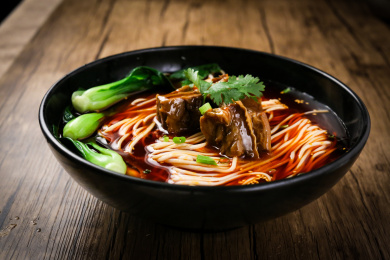 木桌上一碗香辣的红汤牛肉面