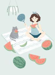 吃西瓜的女孩和猫咪