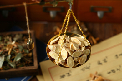 中药黄芪和中药秤放在药方背景上
