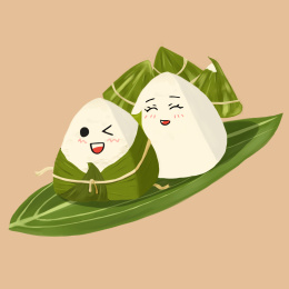 两只卡通粽子坐在粽叶上