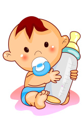 可爱的卡通婴儿抱着奶瓶咬着奶嘴的矢量母婴素材