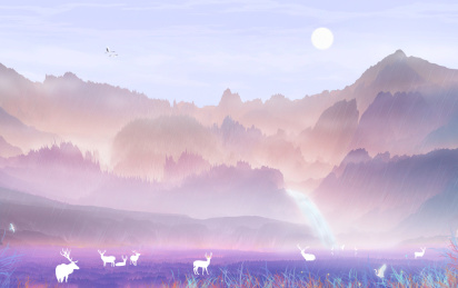 春天山脚下，梅花鹿在瀑布边喝水中国风插画背景海报