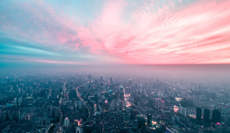 上海浦西延安东路市中心地标建筑群日落火烧云