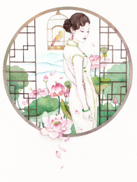 穿着旗袍的女人侧身站在挂着鸟笼的中式风格窗口前，水彩插画