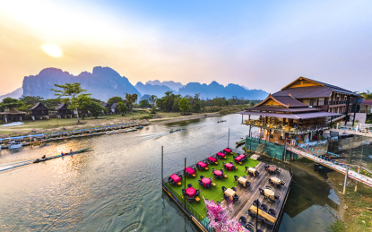 Townscape, Mountain View and River Scenery in Vang Vieng, Laos, Southeast Asia