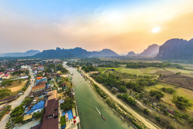 Townscape, Mountain View and River Scenery in Vang Vieng, Laos, Southeast Asia