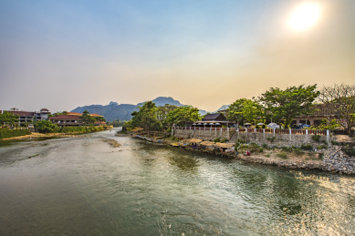 Townscape, Mountain View and River Scenery in Vang Vieng, Laos, Southeast Asia