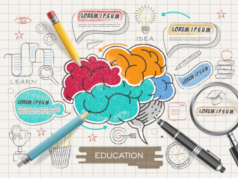 Education infographic template design with colorful brain in doodle style