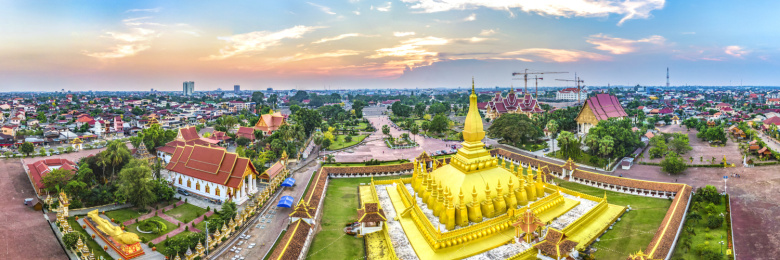 Panorama of Pha That Luang, the Gold-covered Great Sacred Buddhist Stupa in the Centre of the City of Vientiane, Laos, Southeast Asia