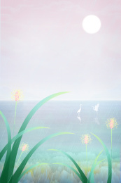炎热的夏天，太阳底下花草风中摇摆插画背景海报