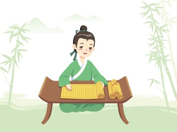 坐在桌前读书的古代人和竹子背景