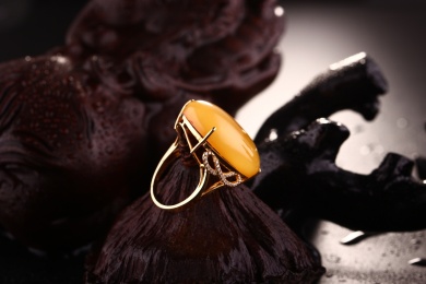 琥珀蜜蜡戒指放在深色的场景中