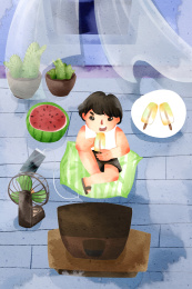 水彩风格男孩夏天插画