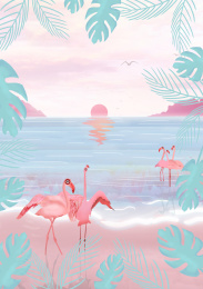 夏天粉色火烈鸟在美丽沙滩上散步，太阳从大海升起插画背景海报
