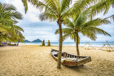 Recreational Beach with Tropical White Sands and Coconut Palm Trees in the Lost Islet (Daidai Island) Attraction Nanwan Monkey Island Lingshui Hainan Province China.