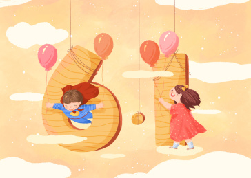 儿童与数字气球节日插画黄底