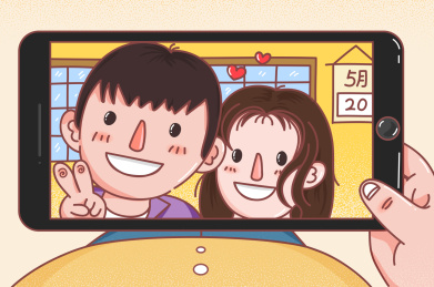 手机屏幕中的情侣合影照片手绘矢量插画