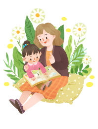 妈妈抱着孩子在花草中读书插画