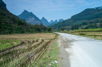 初春广西柳州鹿寨山区穿过田园的道路