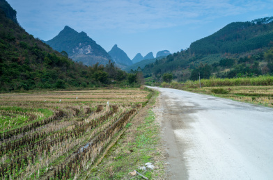 初春广西柳州鹿寨山区穿过田园的道路