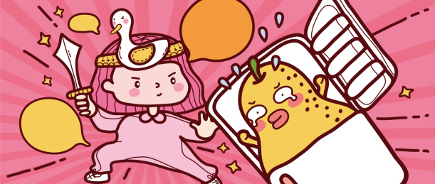 拿剑戴鸭子的卡通女孩与冰箱里的鸭梨