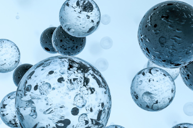 透明水珠与浅蓝色背景背景，三维渲染