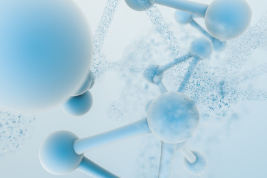 三维渲染，生物化学技术分子与浅蓝色背景