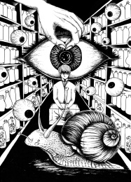 黑白插画：实验室、眼球和蜗牛