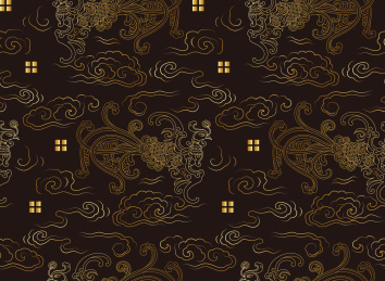 金色线条凤凰祥云无缝黑色背景图案 