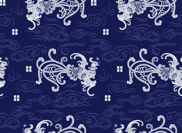 蓝色复古背景下的凤凰祥云无缝连续传统图案