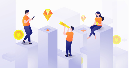 比特币挖矿获取财富人物扁平矢量插画