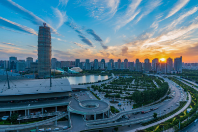 航拍中国河南郑州郑东新区cbd大玉米城市地标建筑