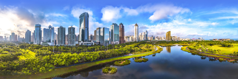 Panorama View of Urban Landscape. Binhai CBD and Evergreen Park Area of Haikou City, Hainan province, China