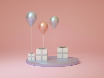 五彩缤纷的生日气球聚会庆祝活动中场景，粉色背景，生日派对3D渲染