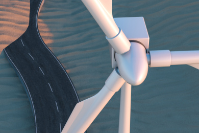 风车发电机与弯曲延伸的沥青道路，三维渲染