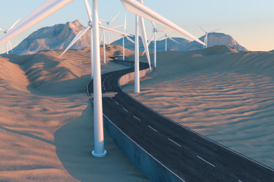 风车发电机与弯曲延伸的沥青道路，三维渲染