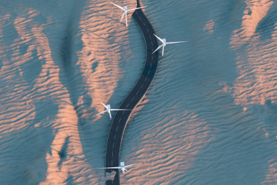 风车发电机与弯曲延伸的沥青道路，三维渲染