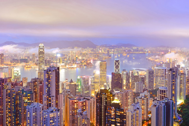 香港城市建筑夜景风光，航拍全景，