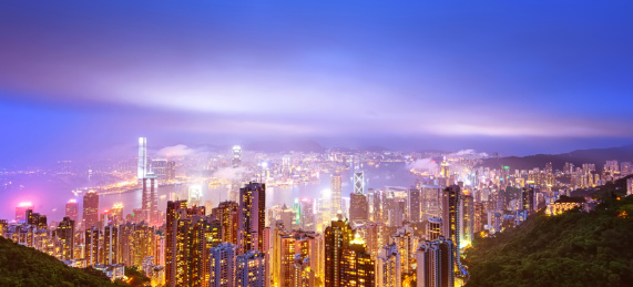 香港城市建筑夜景风光，航拍全景，