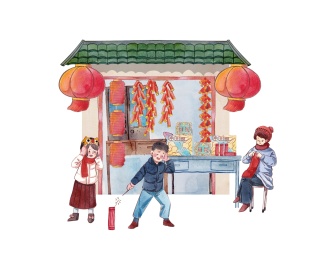 手绘民俗传统技艺水彩插画——鞭炮店