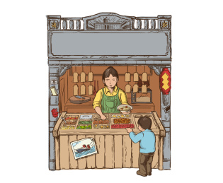 手绘复古怀旧风格路边摊插画