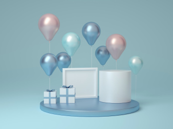 五彩缤纷的生日气球聚会庆祝活动中场景 粉色背景 生日派对3D渲染