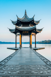 Jixian pavilion during sunrise in hangzhou,Zhejiang province,China with all Chinese words on it only introduces itself which means "Jixian Pavilion" without advertisement. 